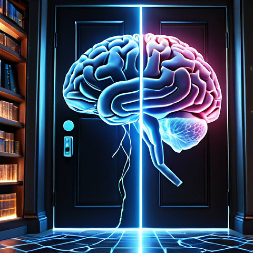 A stylized, glowing human brain at the center, with radiant, complex neural pathways extending outwards. On one side, a chaotic, swirling vortex of abstract symbols and data. On the other side, these pathways coalesce into a clear, tangible image, such as a large, ornate key unlocking a luminous door within a vast, intricate mental library. Dynamic lighting, metaphorical representation, digital art, high resolution, concept art.