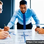 메타포가 사회적 상호작용에 미치는 영향 - A diverse group of coworkers in a modern office setting collaboratively discussing a project, with s...