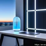 유추 사용의 장점 및 단점 - A futuristic smart home environment showcasing an edge device on a sleek modern desk, performing rea...