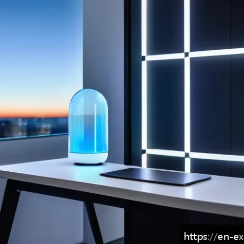 유추 사용의 장점 및 단점 - A futuristic smart home environment showcasing an edge device on a sleek modern desk, performing rea...